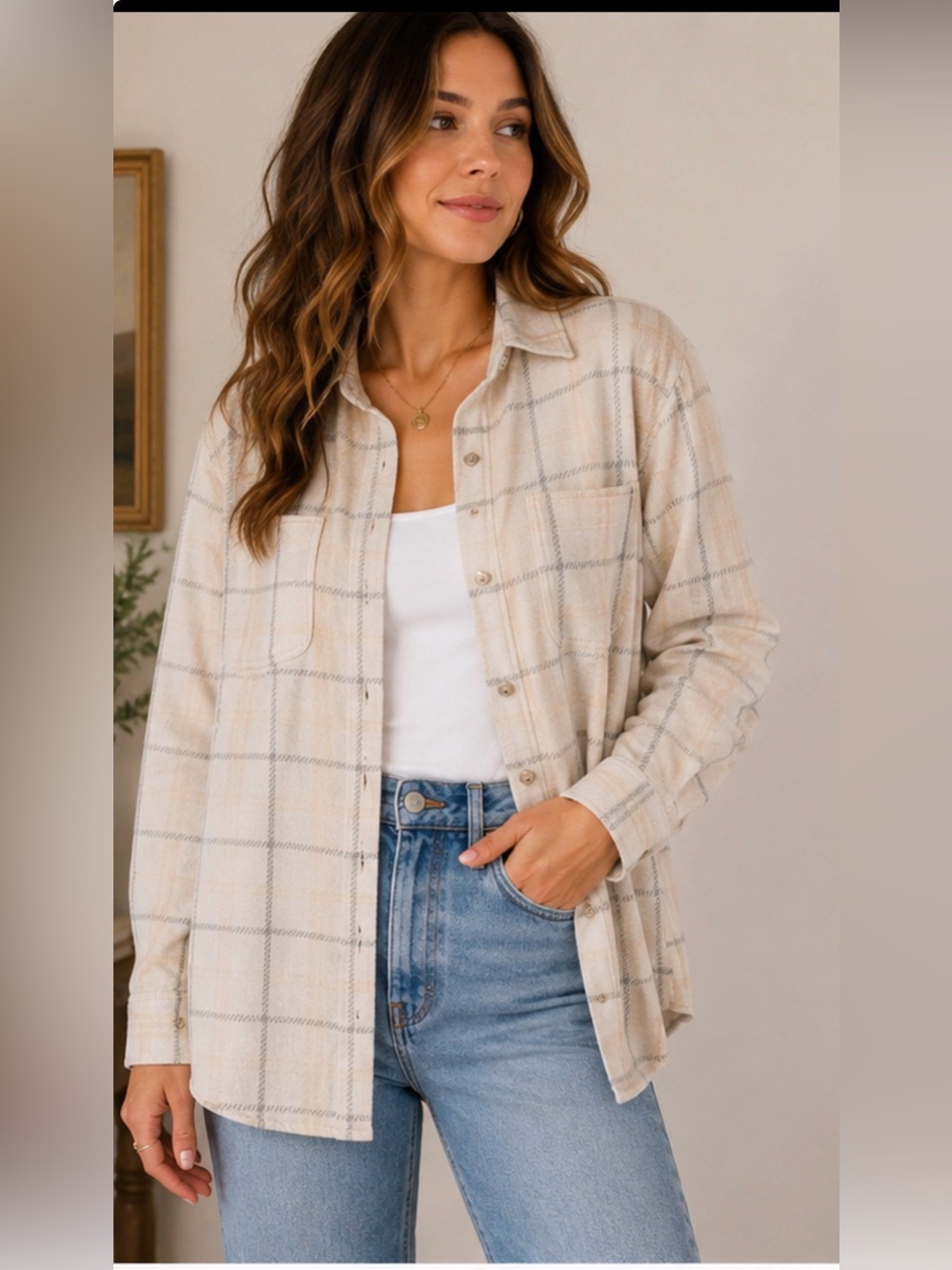 Quince XL Plaid Knit Shacket Soft Brushed Button Front‎ Overshirt Neutral
